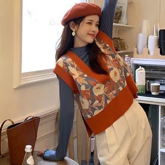 Floral know vest sweater too v-neck high low knit vintage soft orange - Picture 11 of 14